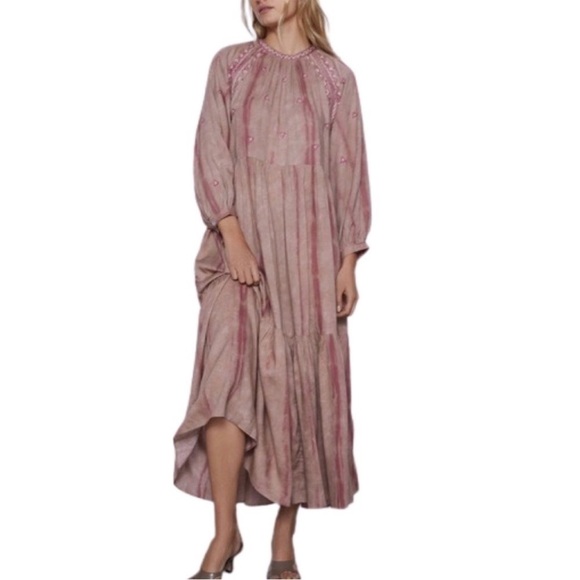 ZARA Embroidered Beaded Tie Dye Dusky Pink Boho Maxi Tiered Dress Sz M NEW - Picture 15 of 15